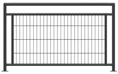 Ein Zaunfeld Stahlgeländerzaun mit zwei Abschlusspfosten als Gesamtelement, anthrazit-metallic beschichtet